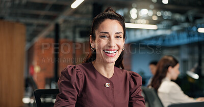 Buy stock photo Portrait, woman and happy in office with creativity, PR expertise or pride for brand management job. Bokeh, coworking or mature person in agency with confidence, smile or public relations experience.