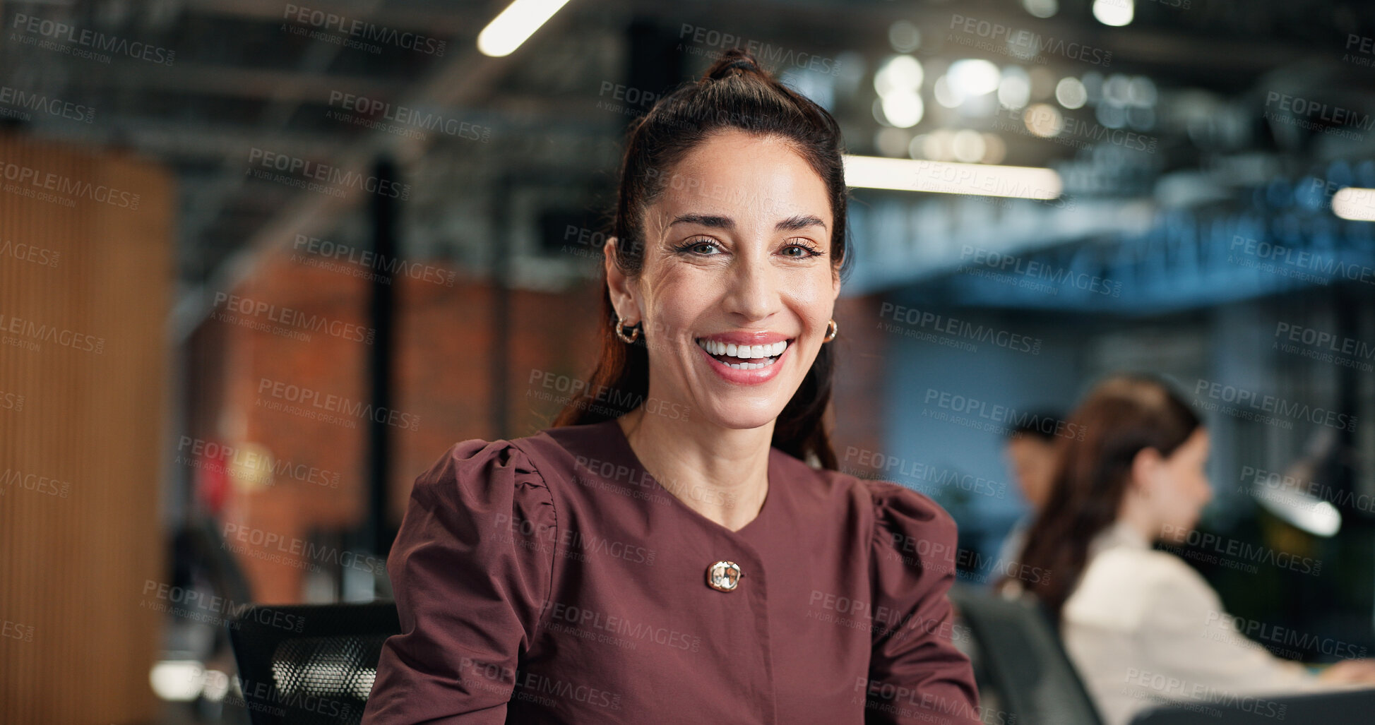 Buy stock photo Portrait, woman and happy in office with creativity, PR expertise or pride for brand management job. Bokeh, coworking or mature person in agency with confidence, smile or public relations experience.