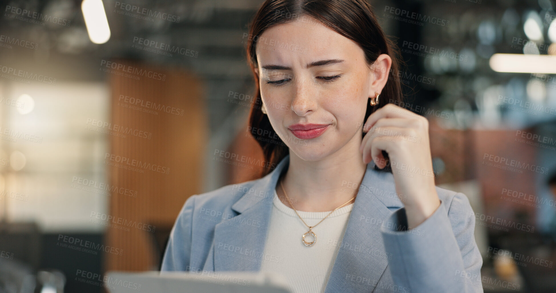 Buy stock photo Confused, woman and research in office with tablet, stock market decline and planning for investment. Person, problem solving and browse in business with tech, doubt shares trading value and website.