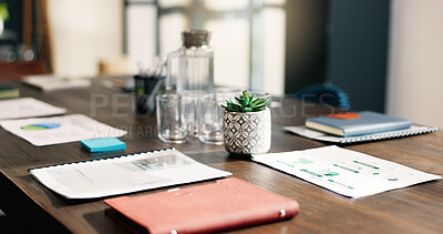 Buy stock photo Empty, office and paperwork on table for business, financial planning and proposal with report. Notebook, documents and stats on desk for company development, data analysis or meeting setup at agency