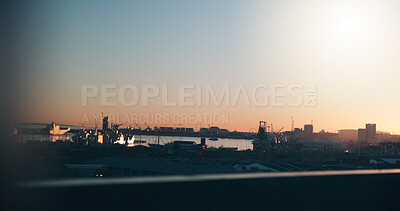 Buy stock photo Ocean, sunset and port in city with ships, buildings or maritime transport for global trade industry. Space, boats and cargo vessel outdoor by sea with dock, international courier and freight export.