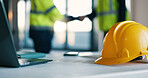 Architect, helmet and handshake in office for safety inspection, agreement and project collaboration. People, shaking hands and hard hat in meeting for construction rule compliance, teamwork or deal.