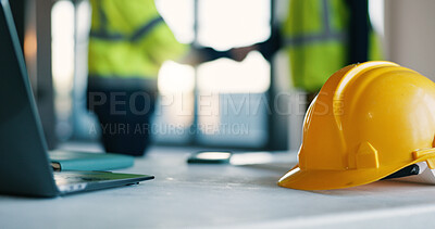 Buy stock photo Architect, helmet and handshake in office for safety inspection, agreement and project collaboration. People, shaking hands and hard hat in meeting for construction rule compliance, teamwork or deal.