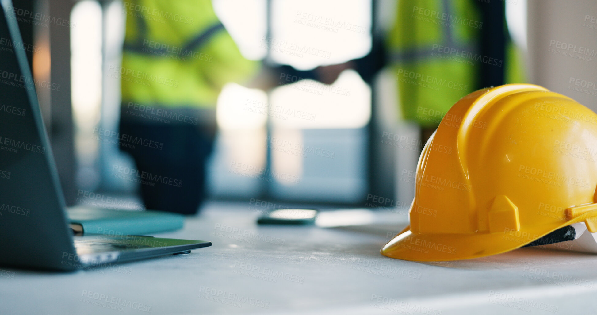 Buy stock photo Architect, helmet and handshake in office for safety inspection, agreement and project collaboration. People, shaking hands and hard hat in meeting for construction rule compliance, teamwork or deal.
