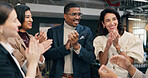 Happy, applause and business people in office with success, collaboration and PR agency achievement. Team, smile or clap in workplace with celebration, milestone or award for public relations company