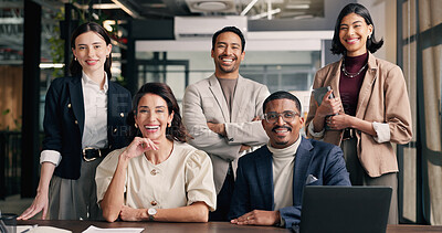 Buy stock photo Happy, team and portrait of business people in office with confidence for finance career. Smile, professional and financial group with pride for about us, job opportunity or collaboration at agency.