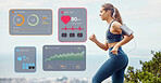 Hologram, one fit young mixed race woman listening to music with earphones from cellphone in armband while running outdoors. Female athlete doing cardio workout while exercising for better health and fitness