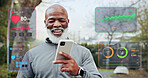 Hologram, stats and black man with phone for fitness, heart rate and check performance in nature. Outdoor, wellness data and mature runner with tech for overlay, tracking cardio or happy for progress