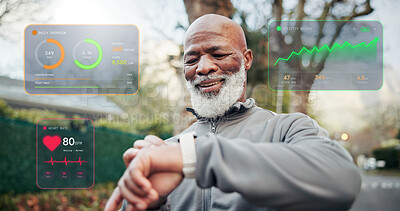 Buy stock photo Hologram, stats and black man with smart watch for fitness, heart rate or check performance in park. Outdoor, health data or mature runner with tech for overlay, tracking cardio or smile for progress