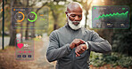 Overlay, stats and black man with smart watch for fitness, heart rate and check performance in park. Outdoor, wellness data and mature runner with tech for hologram, tracking cardio and digital timer