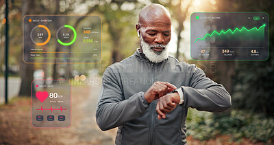 Buy stock photo Overlay, stats and black man with smart watch for fitness, heart rate and check performance in park. Outdoor, wellness data and mature runner with tech for hologram, tracking cardio and digital timer