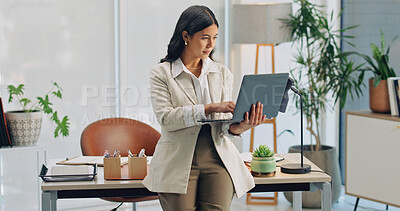 Buy stock photo Business, employee and woman with laptop, reading and risk assessment with info or financial report. Online, research and person with technology, wealth management and budget review on web in office