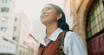 Buy stock photo Business, woman and thinking with smile in city for job optimism, commute or interview reflection. Travel, happy professional or positive mindset for growth opportunity, career start or future vision