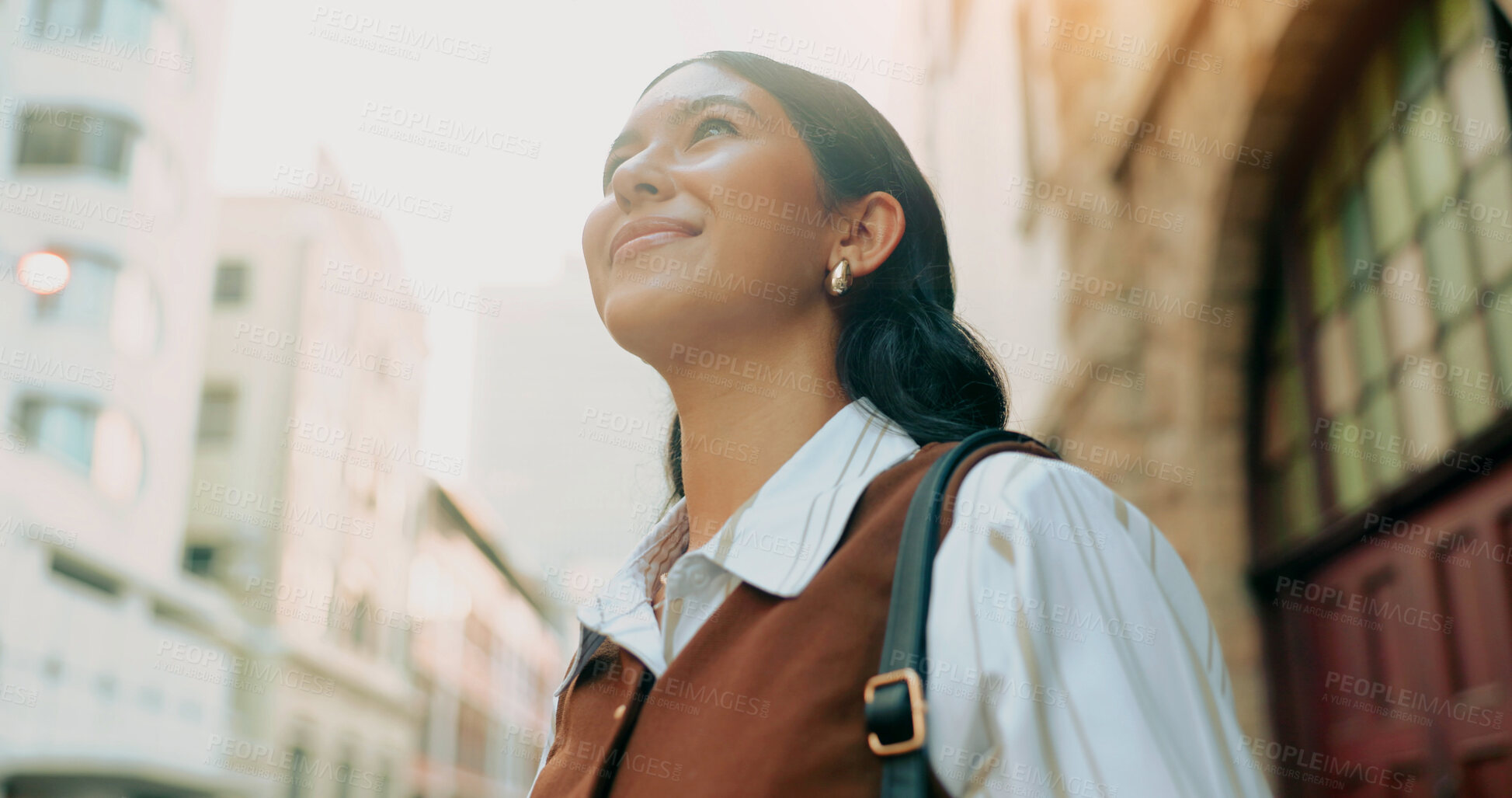 Buy stock photo Business, woman and thinking with smile in city for job optimism, commute or interview reflection. Travel, happy professional or positive mindset for growth opportunity, career start or future vision