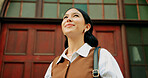 Business, woman and happy with thinking outdoor for job optimism, commute or interview reflection. Travel, person and positive mindset for growth opportunity, career start and aspiration at building