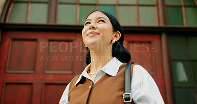 Buy stock photo Business, woman and happy with thinking outdoor for job optimism, commute and reflection. Travel, person and positive mindset for growth opportunity in city, career start and aspiration at building