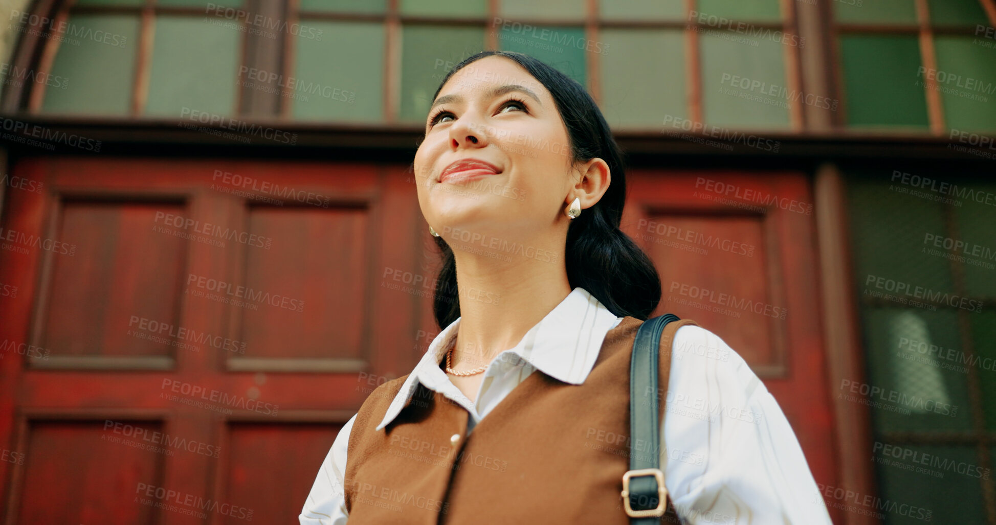 Buy stock photo Business, woman and happy with thinking outdoor for job optimism, commute and reflection. Travel, person and positive mindset for growth opportunity in city, career start and aspiration at building