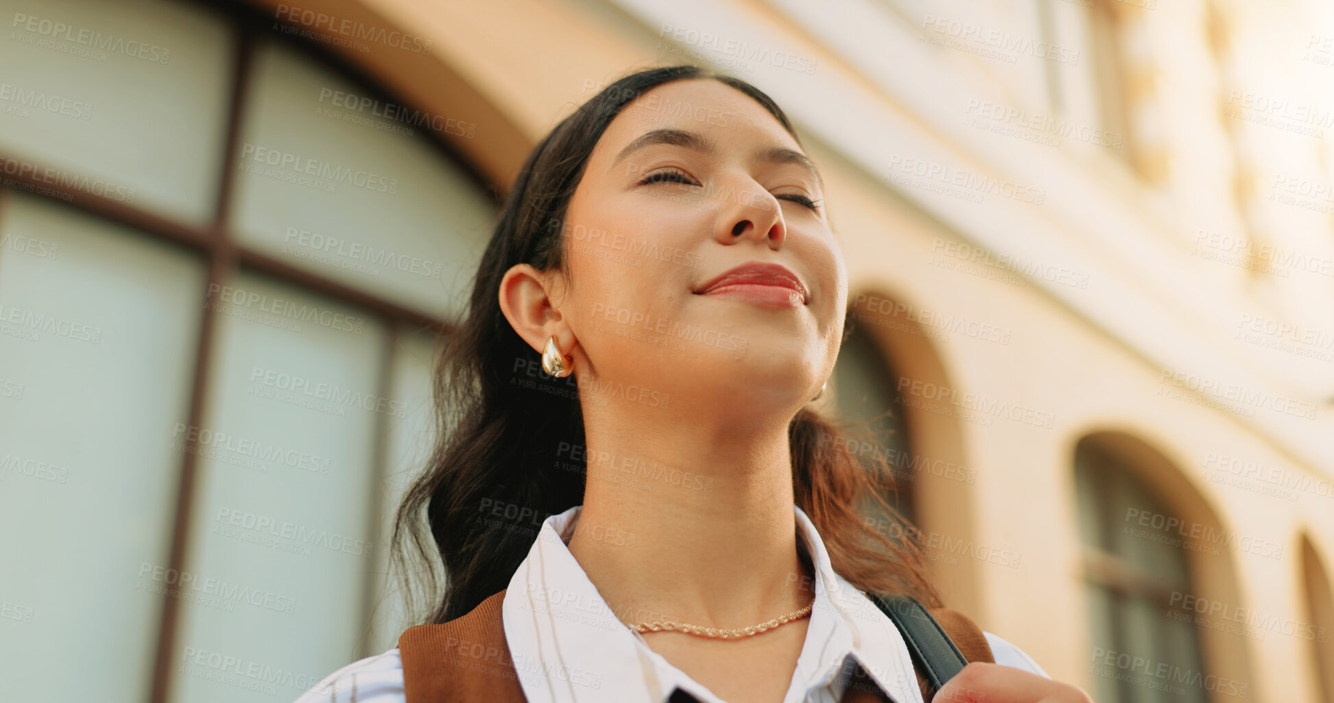 Buy stock photo Thinking, business and woman in city for travel, fresh air and positive mindset for real estate. Smile, realtor and breathe in town for morning commute, mindfulness and reflection for property resale