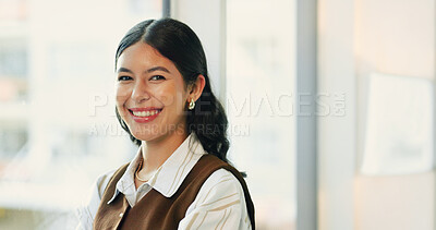 Buy stock photo Portrait, smile and woman in office for business, about us and career growth with tax accountant. Happy person, professional and confidence in enterprise as VAT specialist, finance and space in Spain