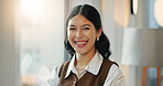 Portrait, smile and woman in enterprise for business, about us and career growth with tax accountant. Happy person, professional or confidence in office as VAT specialist, finance or job satisfaction