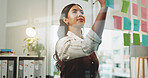Business, woman and writing in office with sticky note, planning and legal strategy for court case. Female person, lawyer or review at law firm with moodboard, evidence and trial schedule for lawsuit