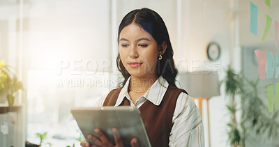 Buy stock photo Tablet, review or business woman in office for commercial real estate, sales or rental lease. Tech, glass wall or person in company for property development, scroll or reading listing on internet