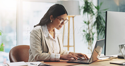 Buy stock photo Financial planning, info and businesswoman with laptop in office, online and risk assessment on web. Reading, glasses and person with tech for research, wealth management or typing report in business