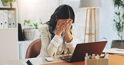 Buy stock photo Laptop, woman and stress with burnout in office for audit pressure, mental fatigue or overwhelmed. Distress, accountant and anxiety with tech for payroll workload, overworked and accounting deadline