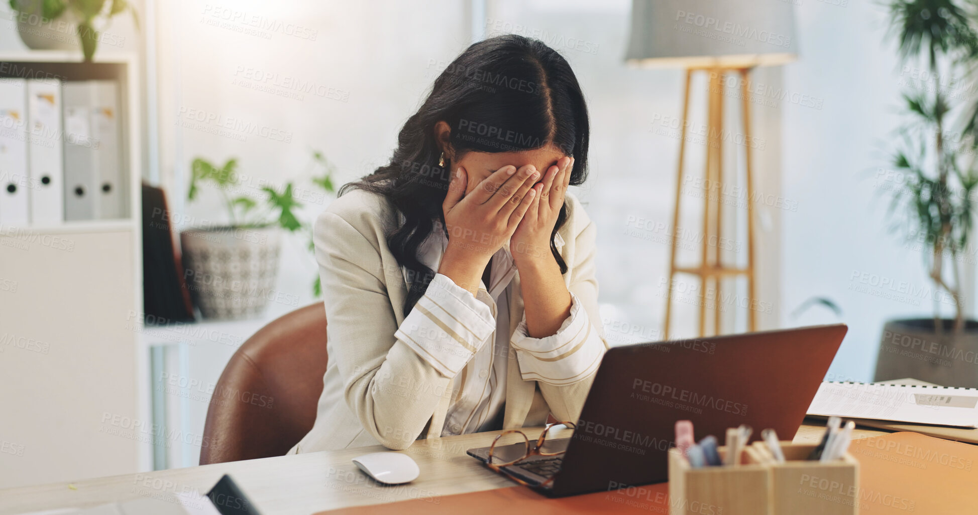 Buy stock photo Laptop, woman and stress with burnout in office for audit pressure, mental fatigue or overwhelmed. Distress, accountant and anxiety with tech for payroll workload, overworked and accounting deadline