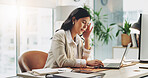 Business, woman and laptop with migraine in office for audit pressure, account issue and stress. Accountant, tech and tension headache for payroll workload, budget error and overworked on deadline