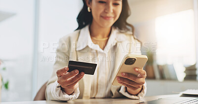 Buy stock photo Phone, online shopping and woman with credit card in business, banking and employee with membership. Ecommerce, transaction and happy person with mobile for payment, finance and discount in office