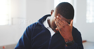 Buy stock photo Stress, headache and black man in office with burnout, fatigue or failure on finance project. Migraine, tired and financial advisor with pressure or mistake on investment deal with deadline at agency