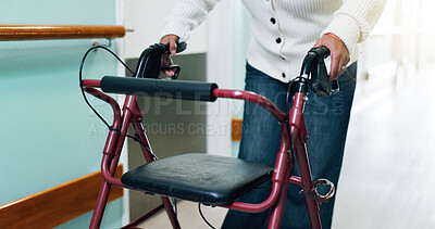 Buy stock photo Hospital, retirement and hands with rollator in hallway, senior care or rehabilitation with balance. Clinic, patient and old person with disability, healing and walk with walker and stroke recovery