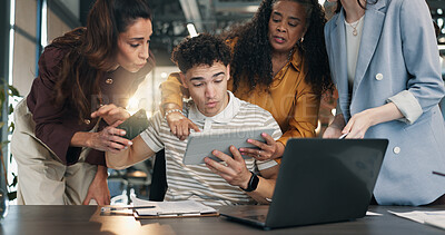 Buy stock photo Man, team and tablet with stress for workload, feedback and multitasking for payroll deadline chaos. Office, people and overwhelmed worker with tech, communication and pressure in administration job.
