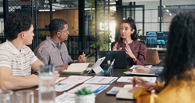 Buy stock photo Businesswoman, talking and meeting with laptop in boardroom, team and risk management with research. People, ideas and collaboration with tech, data analysis and discussion with colleagues in office