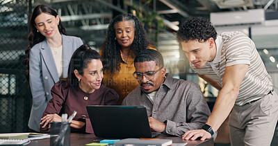 Buy stock photo Team, online and meeting with laptop in boardroom, talking and risk management with research on web. Happy people, reading and collaboration with technology, financial growth and discussion with info
