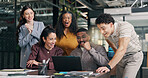 Excited, online and team with laptop in office, laugh and celebration for brand campaign on website. Business people, fist pump and happy colleagues with technology, achievement and digital marketing