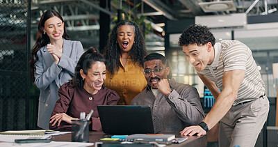 Buy stock photo Excited, online and team with laptop in office, laugh and celebration for brand campaign on website. Business people, fist pump and happy colleagues with technology, achievement and digital marketing
