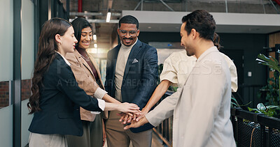 Buy stock photo Motivation, happy and team in agency with handstack, victory or collaboration huddle in group unity. Success, people and employees with hands together, support circle and synergy with milestone reach