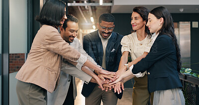 Buy stock photo Motivation, happy and team in office with handstack, victory or collaboration huddle in group unity. Success, people and employees with hands together, support circle and synergy with milestone reach