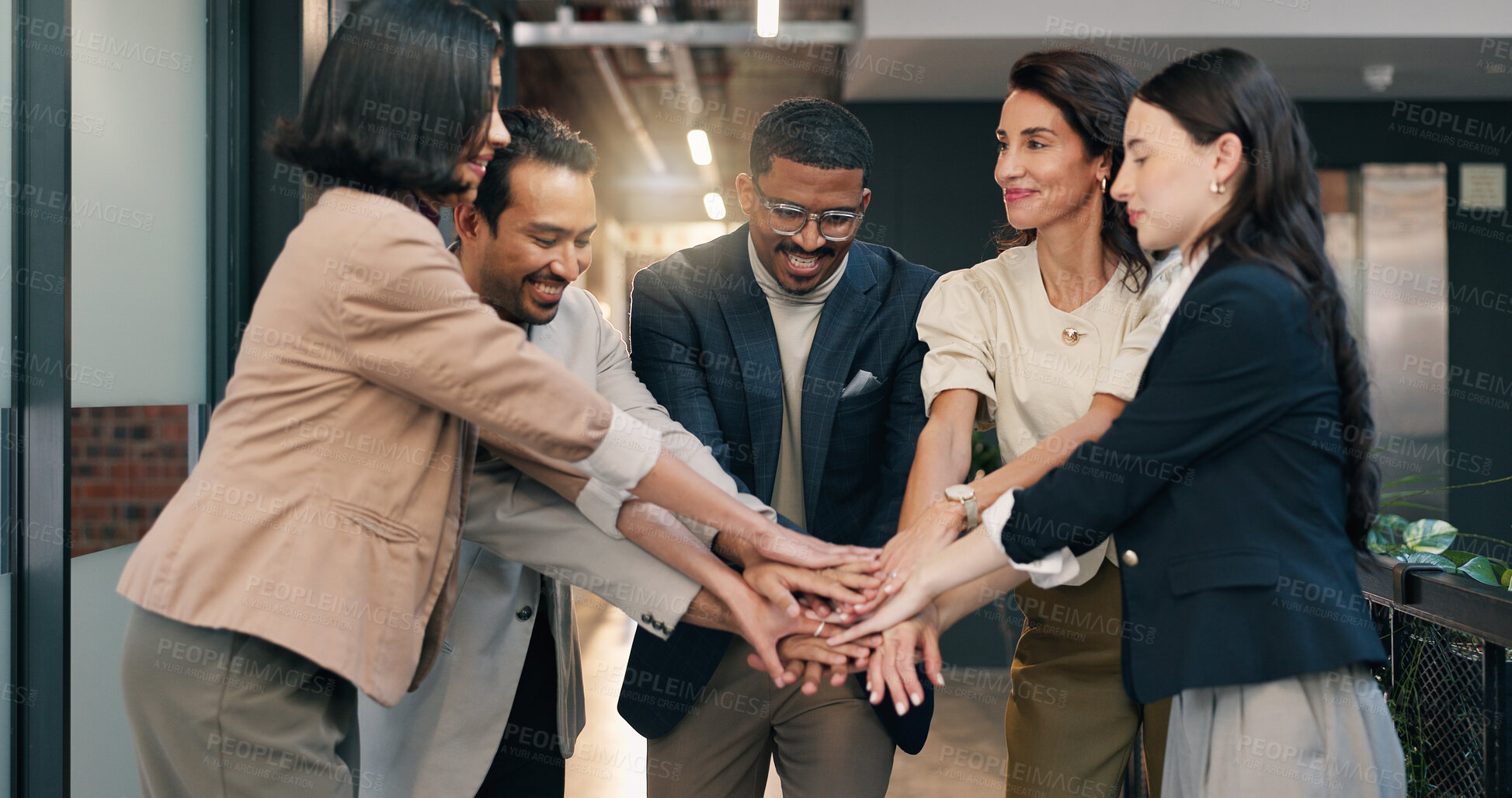 Buy stock photo Motivation, happy and team in office with handstack, victory or collaboration huddle in group unity. Success, people and employees with hands together, support circle and synergy with milestone reach