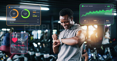 Buy stock photo Hologram, exercise and man with smart watch in gym for wellness, fist pump and tracking performance. Health club, fitness and excited person with tech, good news or celebration for achievement on web