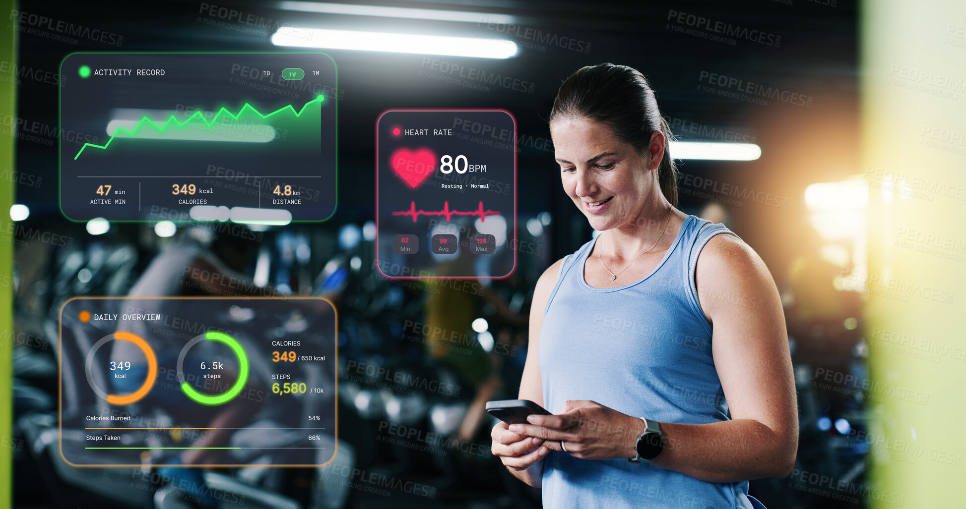 Buy stock photo Hologram, fitness and woman with phone at gym for workout progress, record and stats for health. Person, athlete and smile with mobile app and overlay for exercise performance, improvement or results