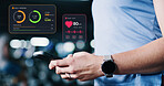Hologram, woman, hands and typing in gym with phone, workout research or notification for wellness app sign up. Bokeh, active person and scroll in health club with tech, fitness website or check exercise blog.