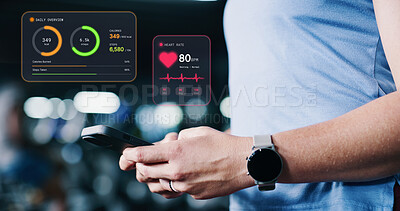 Buy stock photo Hologram, fitness and hands with phone at gym for workout progress, record and stats for health. Woman, athlete and smart watch with mobile app overlay for exercise performance, connection or results
