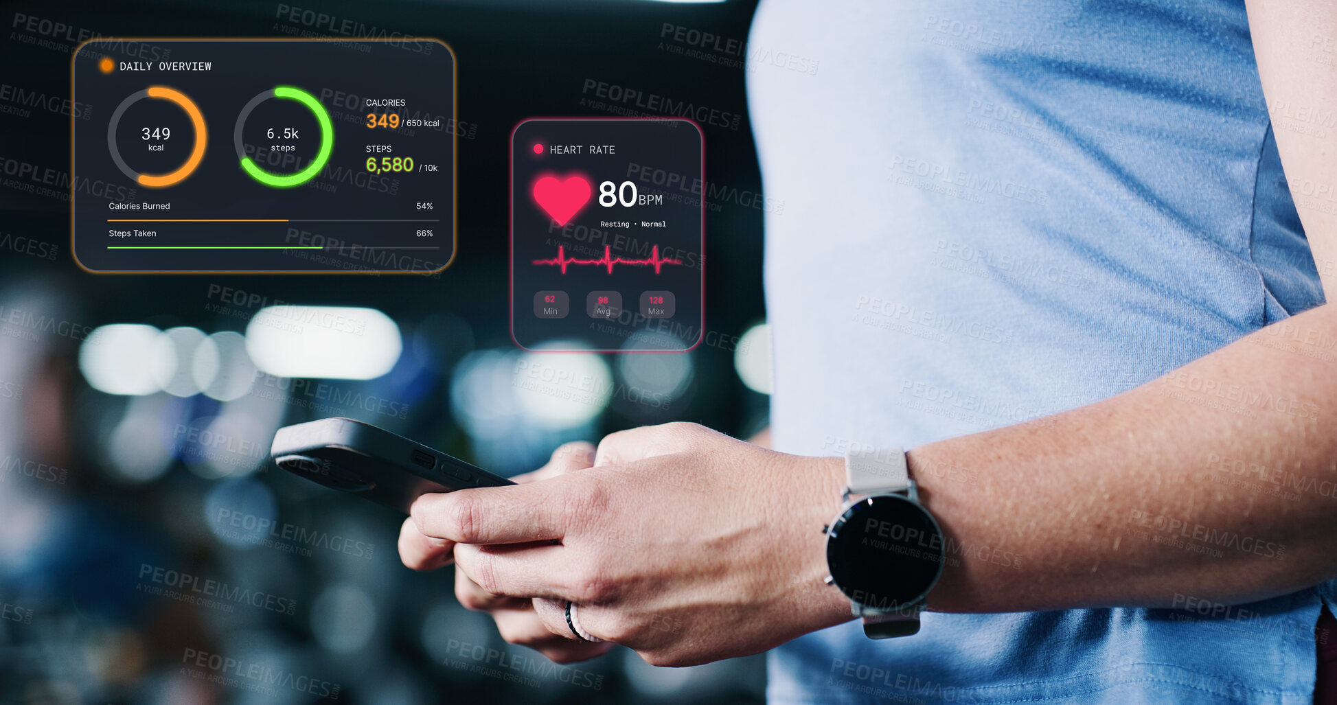 Buy stock photo Hologram, fitness and hands with phone at gym for workout progress, record and stats for health. Woman, athlete and smart watch with mobile app overlay for exercise performance, connection or results