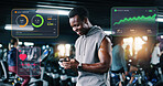 Hologram, fitness, man and happy with phone at gym for workout progress, membership renewal and sign up. People, athlete and smile with mobile app at night for exercise performance, training break and results