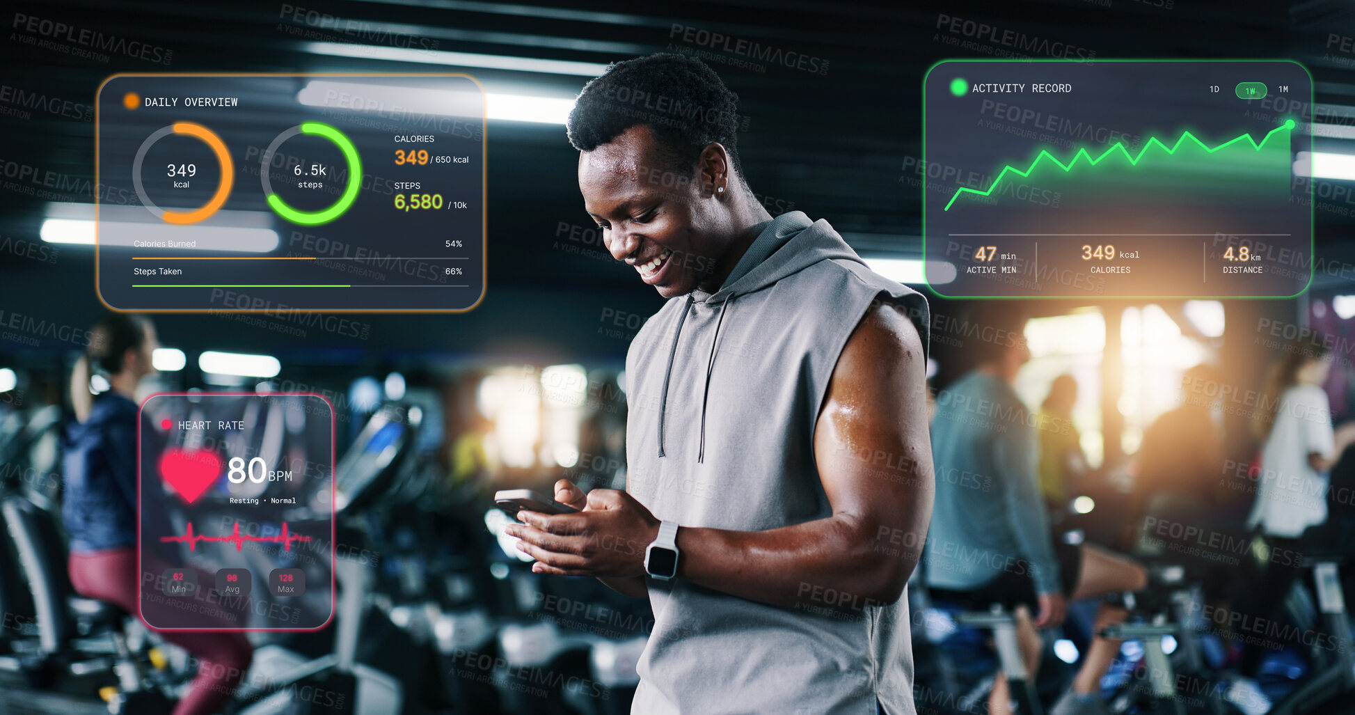 Buy stock photo Hologram, fitness and man with phone at gym for workout progress, record and stats for health. Person, athlete and smile with mobile app and overlay for exercise performance, improvement or results