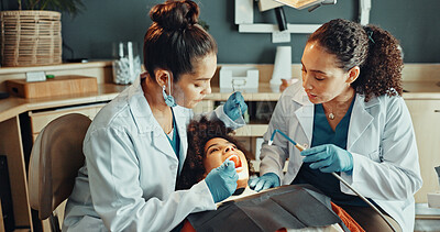 Buy stock photo Checkup, dentist and team with woman for toothache, equipment and clinic for healthcare and dental. Oral hygiene, gloves and doctors with patient, exam and procedure for teeth whitening appointment