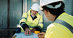 Engineer, team and men with blueprint, discussion and planning for property development with design. Architecture, sketch and people with paperwork, civil engineering and collaboration for project